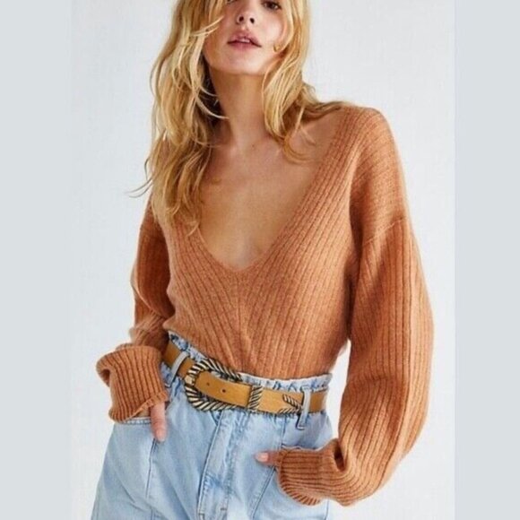Free People |	Elias 100% Cashmere V-Neck Sweater Cinnamon Tan | Size Small - Picture 1 of 10